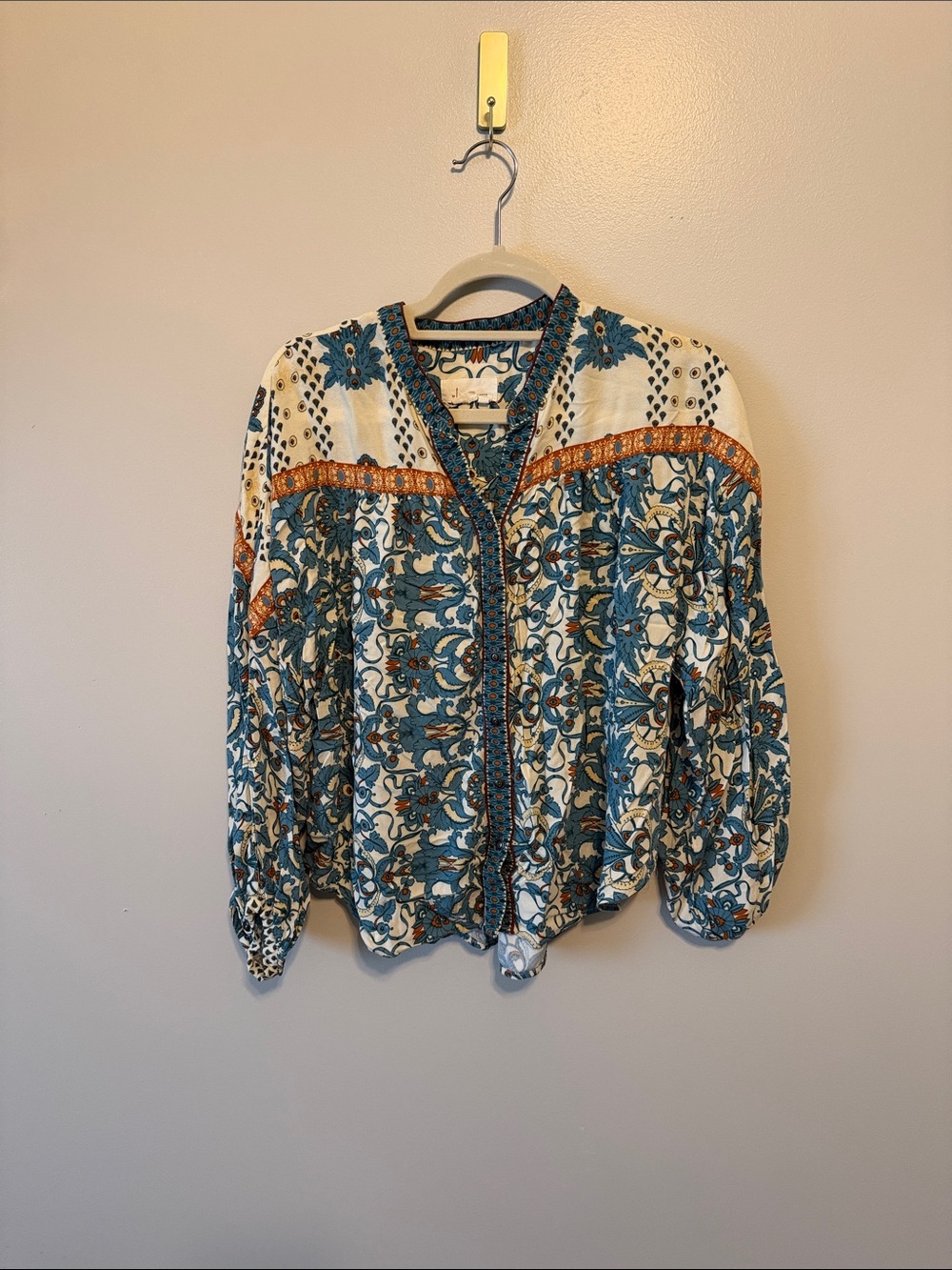 Anthropologie Teal, Cream & Orange Printed Button-Front Blouse